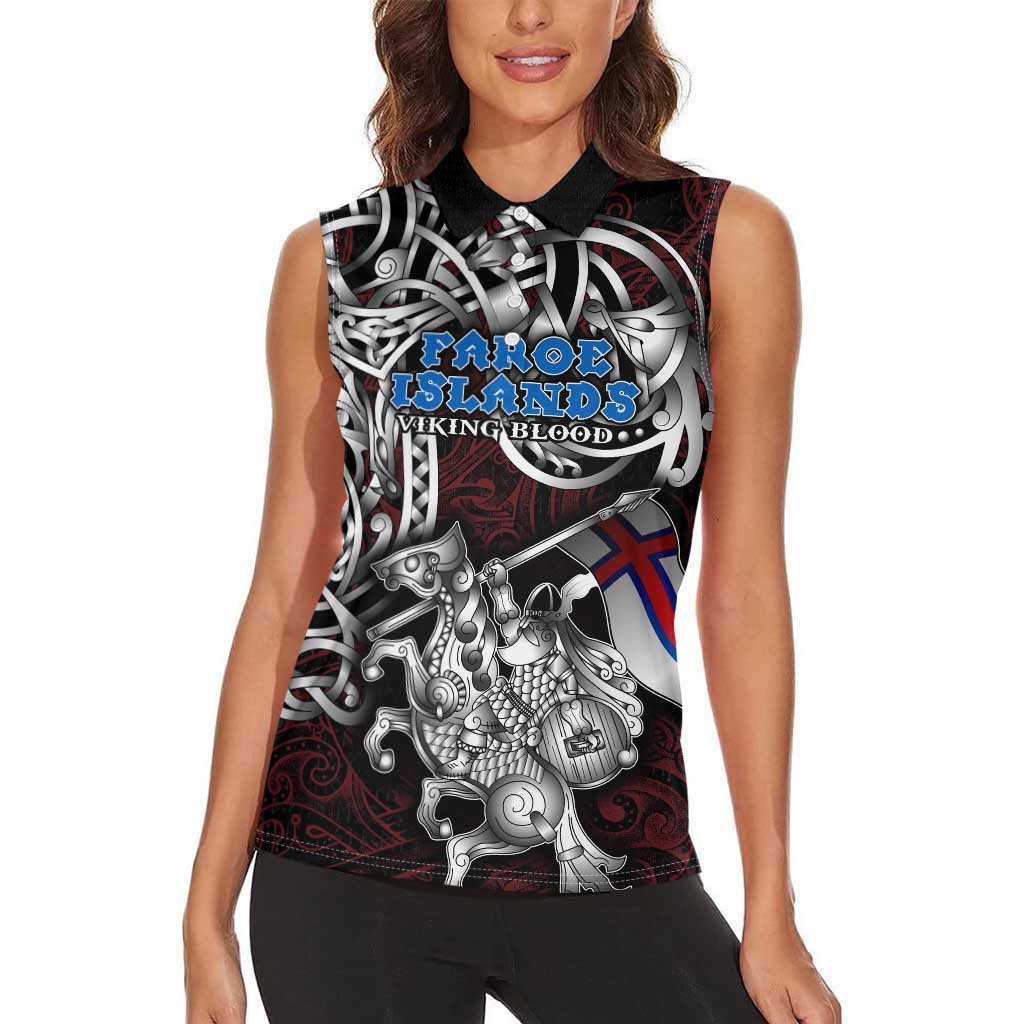 Personalized Faroe Islands Viking Blood Women Sleeveless Polo Shirt Nordic Runes and Shield of Ancestry in Tribal Knotwork