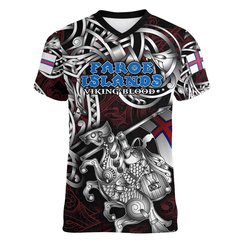 Personalized Faroe Islands Viking Blood Women V-Neck T-Shirt Nordic Runes and Shield of Ancestry in Tribal Knotwork