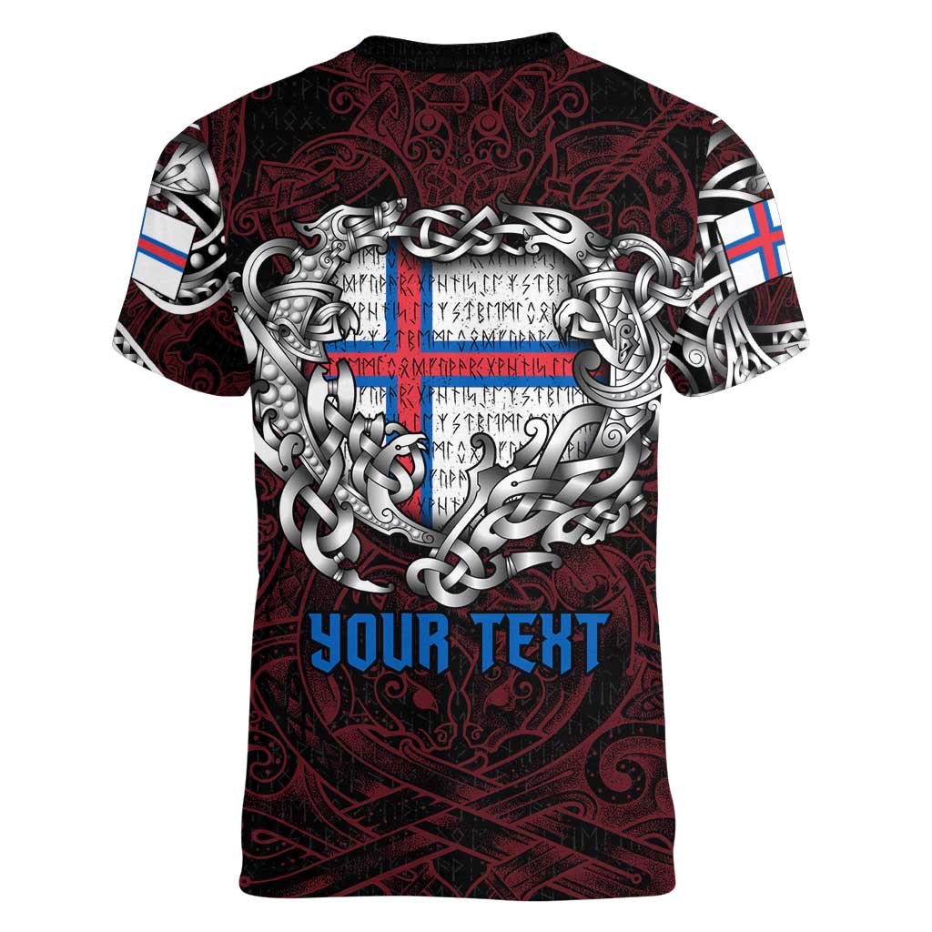 Personalized Faroe Islands Viking Blood Women V-Neck T-Shirt Nordic Runes and Shield of Ancestry in Tribal Knotwork