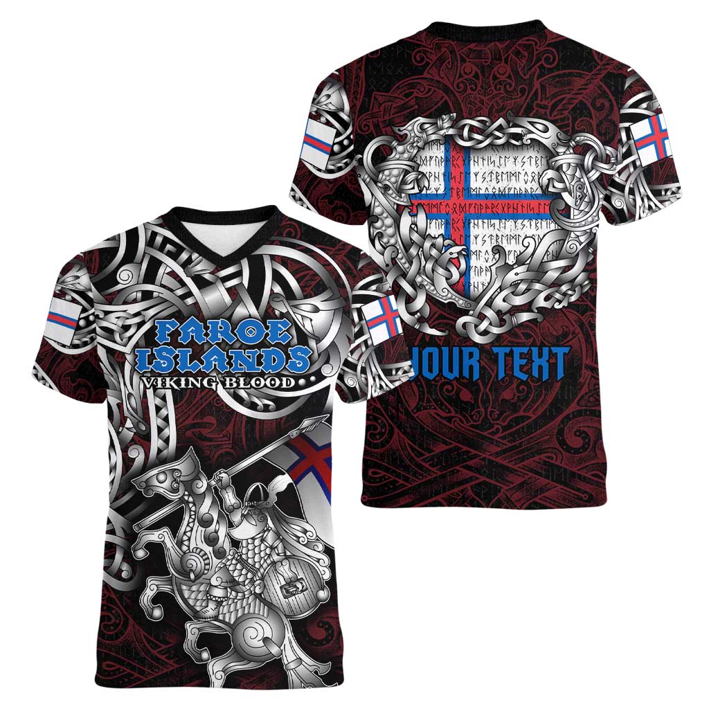 Personalized Faroe Islands Viking Blood Women V-Neck T-Shirt Nordic Runes and Shield of Ancestry in Tribal Knotwork