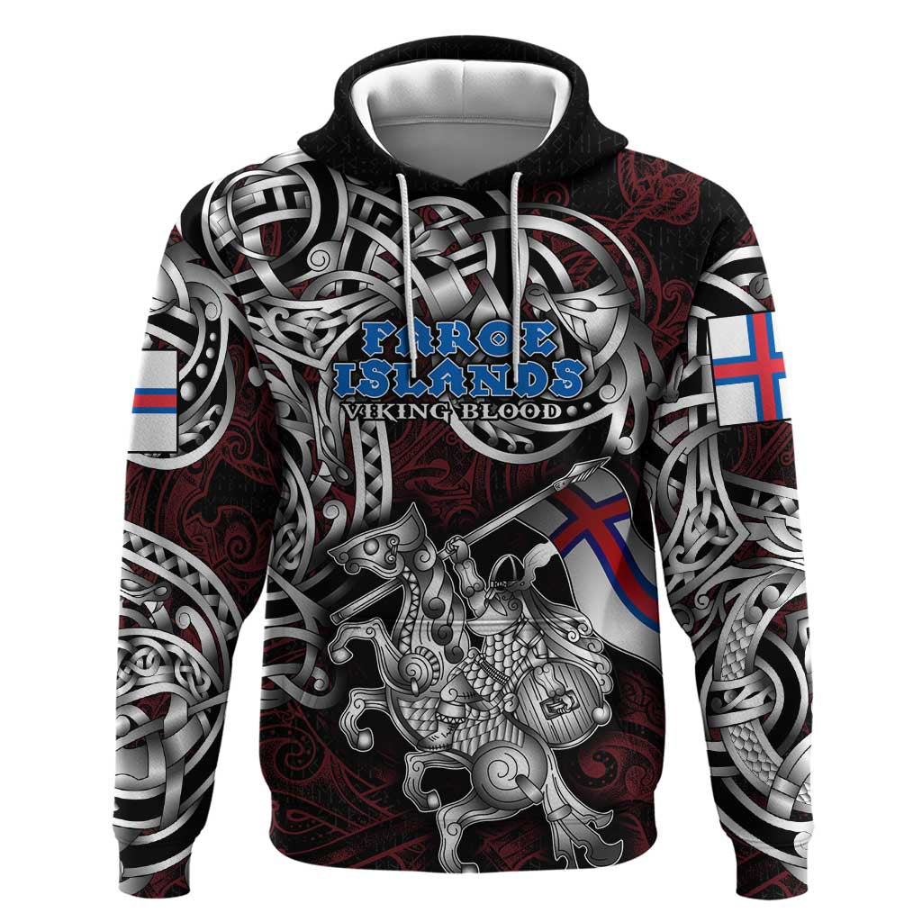 Personalized Faroe Islands Viking Blood Zip Hoodie Nordic Runes and Shield of Ancestry in Tribal Knotwork