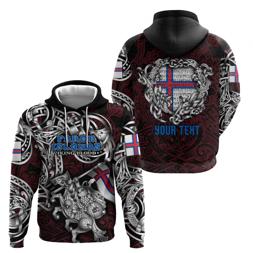 Personalized Faroe Islands Viking Blood Zip Hoodie Nordic Runes and Shield of Ancestry in Tribal Knotwork