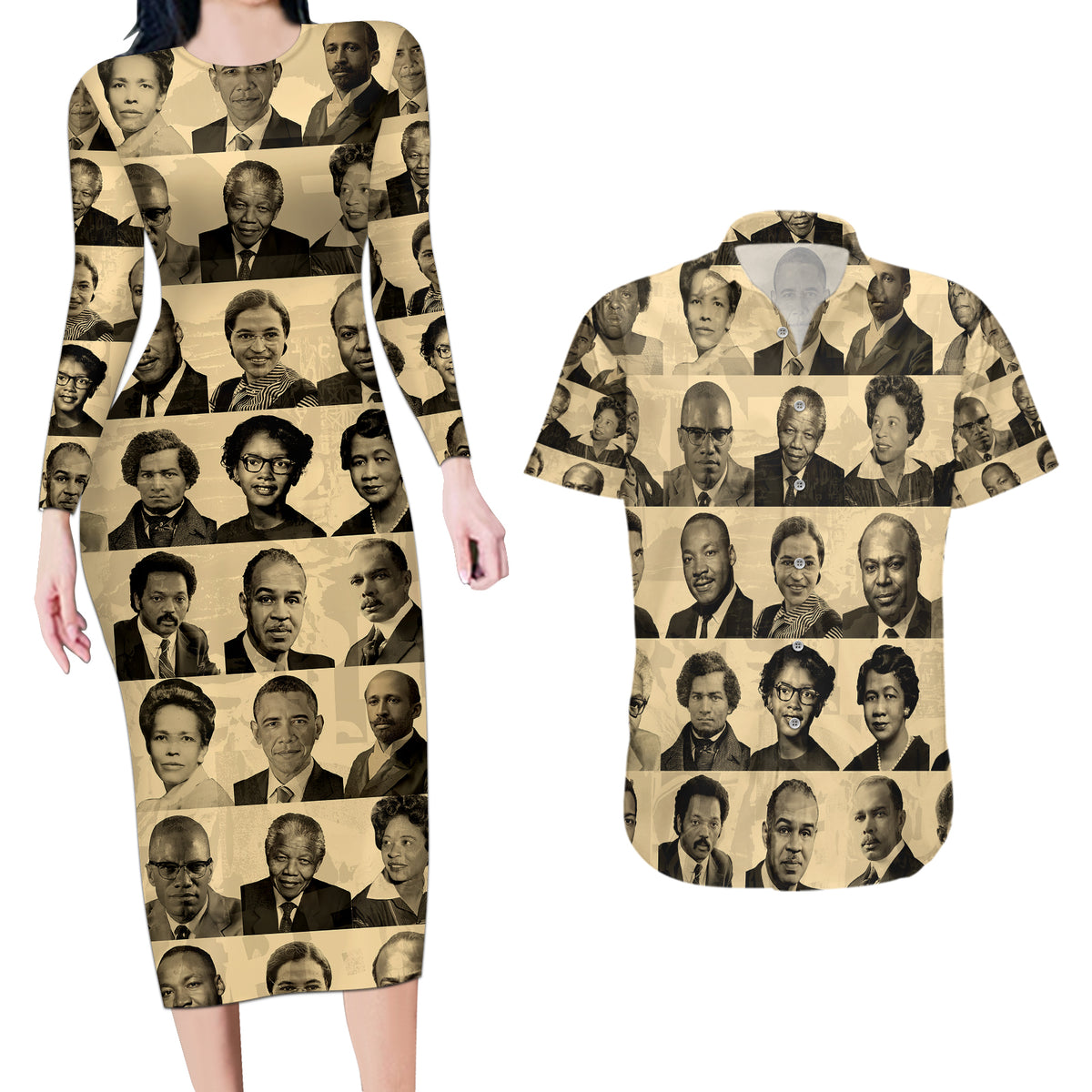 Civil Rights Leaders Couples Matching Long Sleeve Bodycon Dress and Hawaiian Shirt African-American - Wonder Print Shop