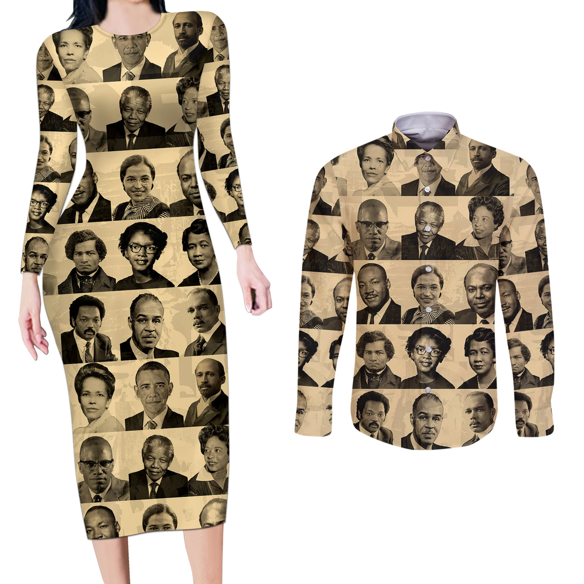 Civil Rights Leaders Couples Matching Long Sleeve Bodycon Dress and Long Sleeve Button Shirts African-American - Wonder Print Shop
