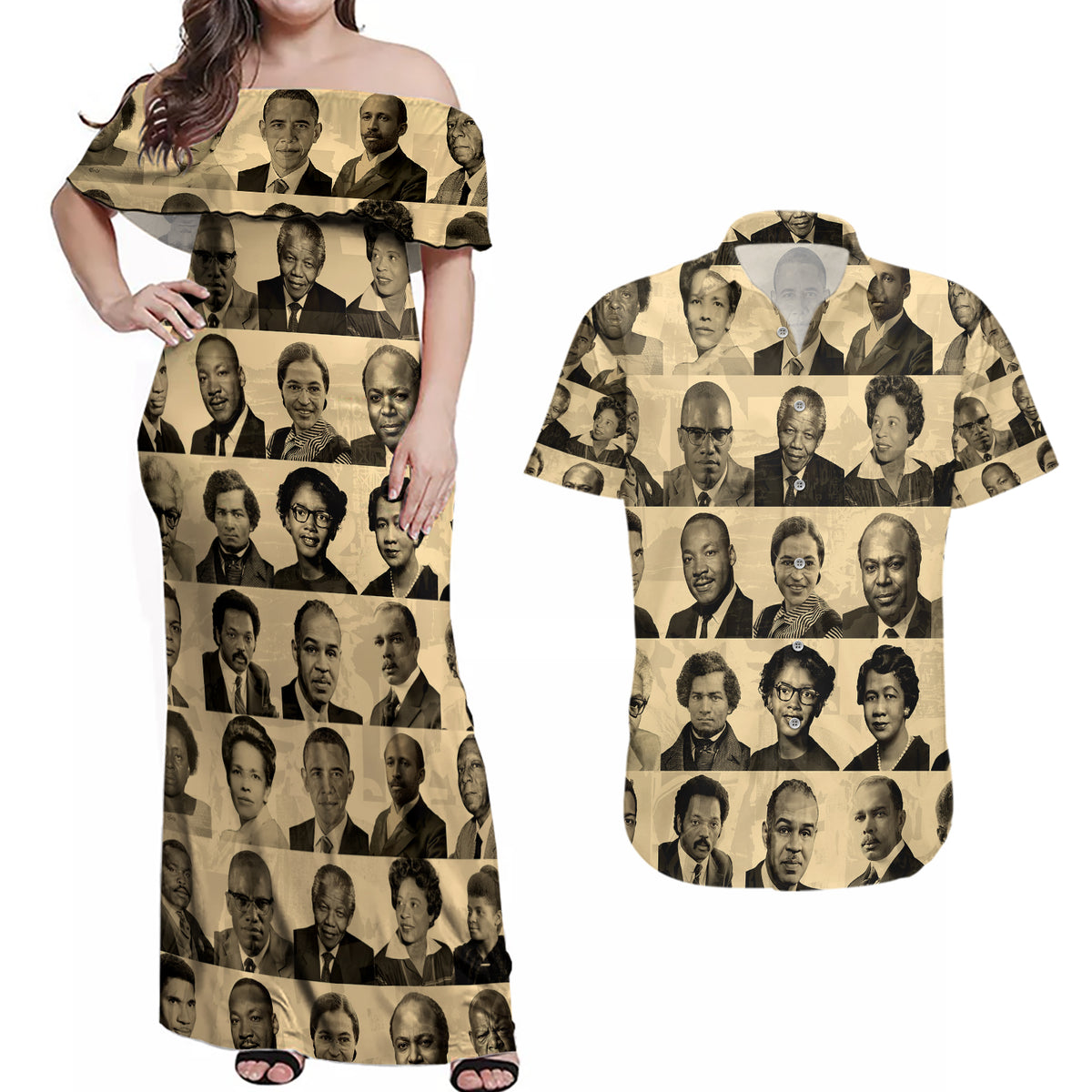 Civil Rights Leaders Couples Matching Off Shoulder Maxi Dress and Hawaiian Shirt African-American - Wonder Print Shop