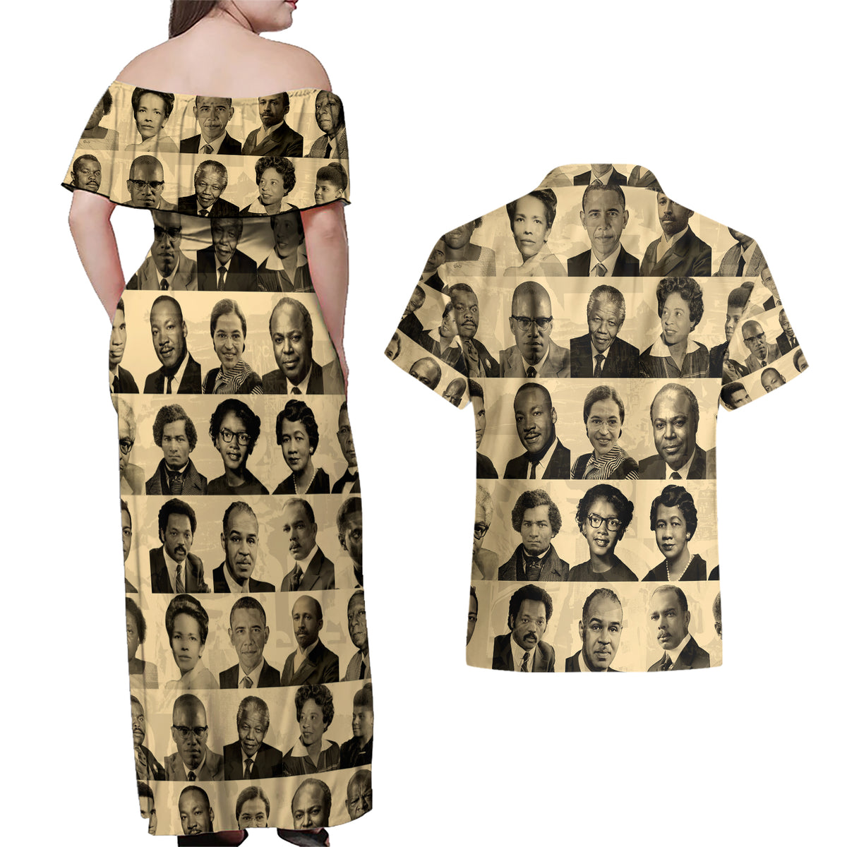 Civil Rights Leaders Couples Matching Off Shoulder Maxi Dress and Hawaiian Shirt African-American - Wonder Print Shop