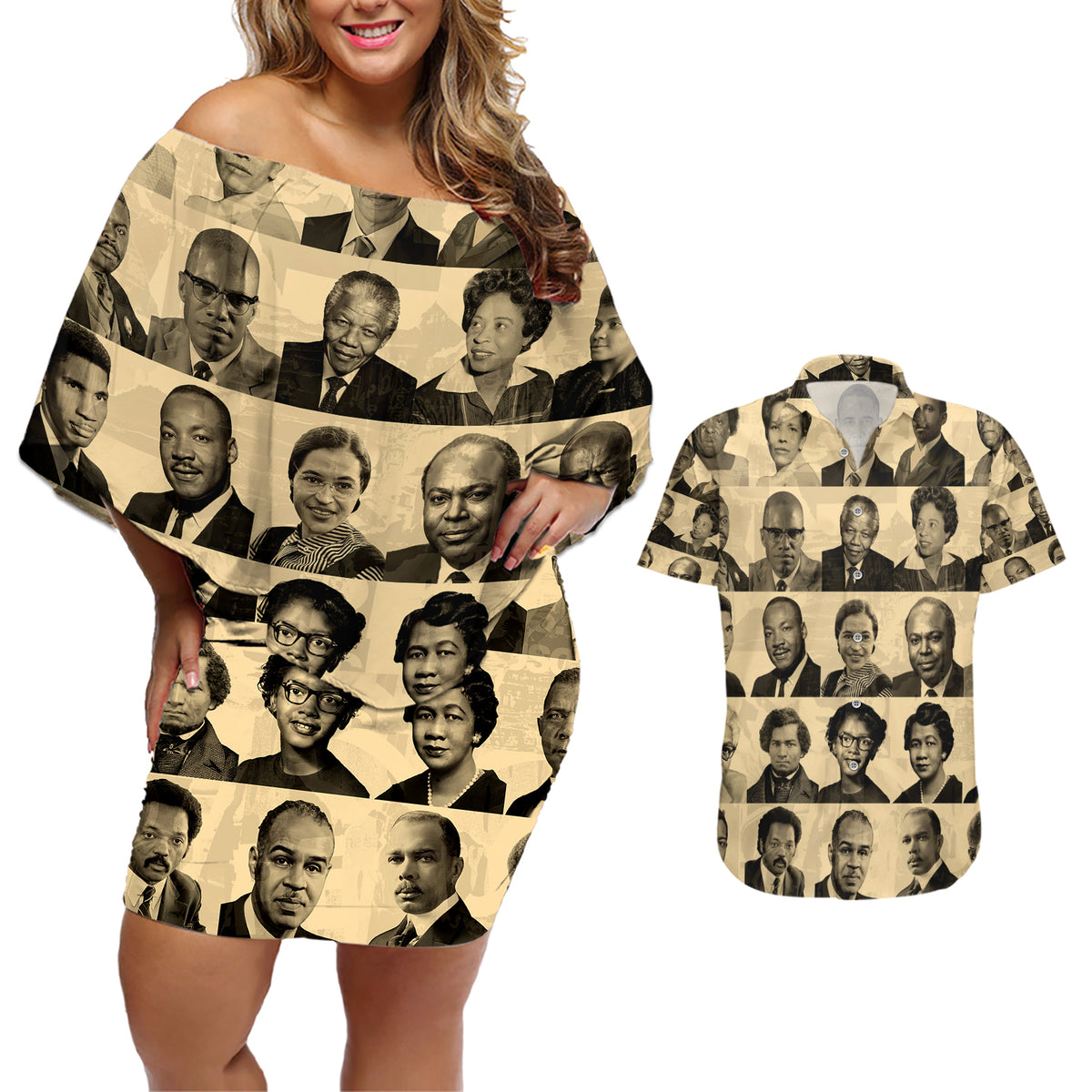 Civil Rights Leaders Couples Matching Off Shoulder Short Dress and Hawaiian Shirt African-American - Wonder Print Shop