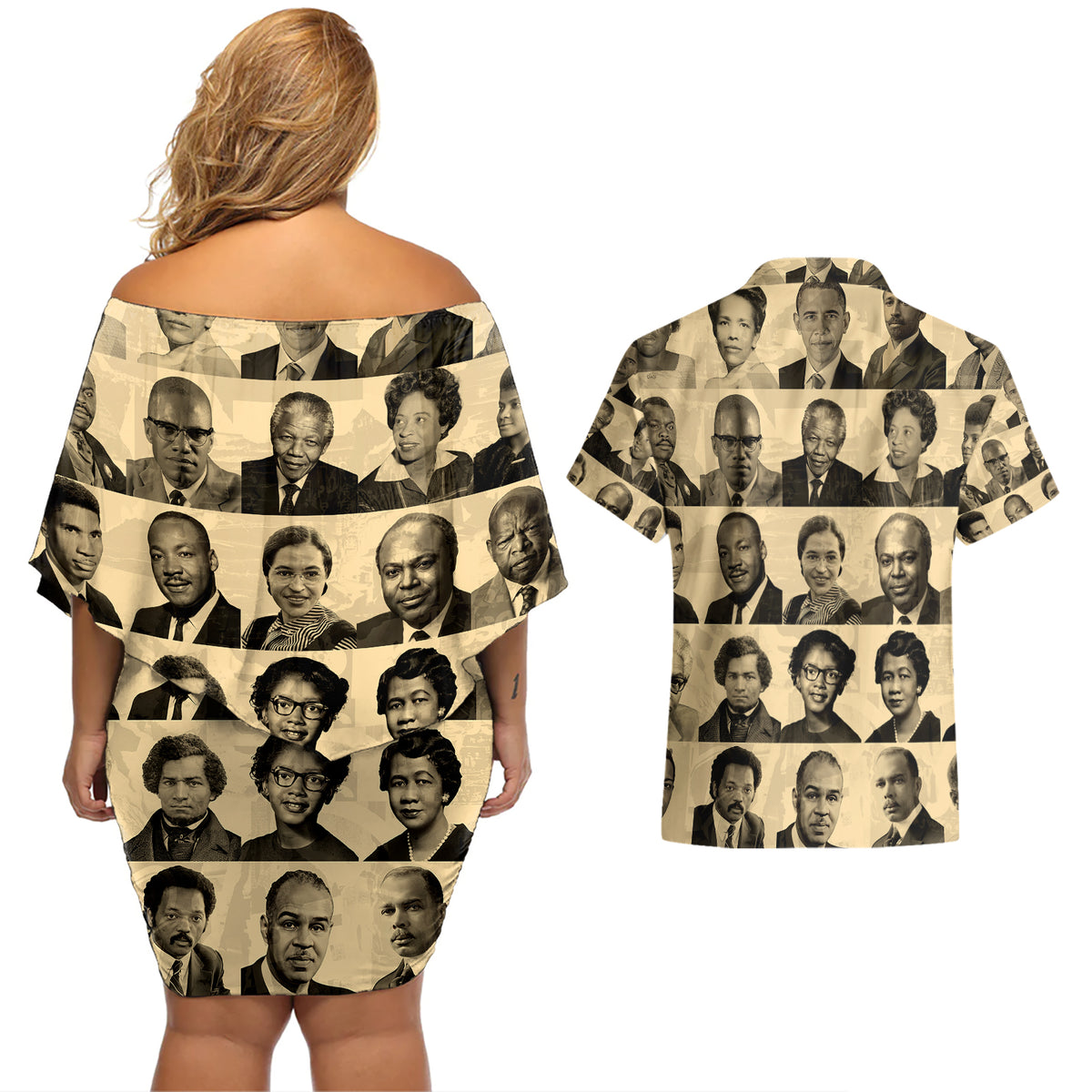 Civil Rights Leaders Couples Matching Off Shoulder Short Dress and Hawaiian Shirt African-American - Wonder Print Shop