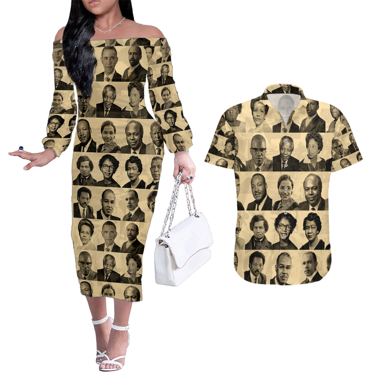 Civil Rights Leaders Couples Matching Off The Shoulder Long Sleeve Dress and Hawaiian Shirt African-American - Wonder Print Shop