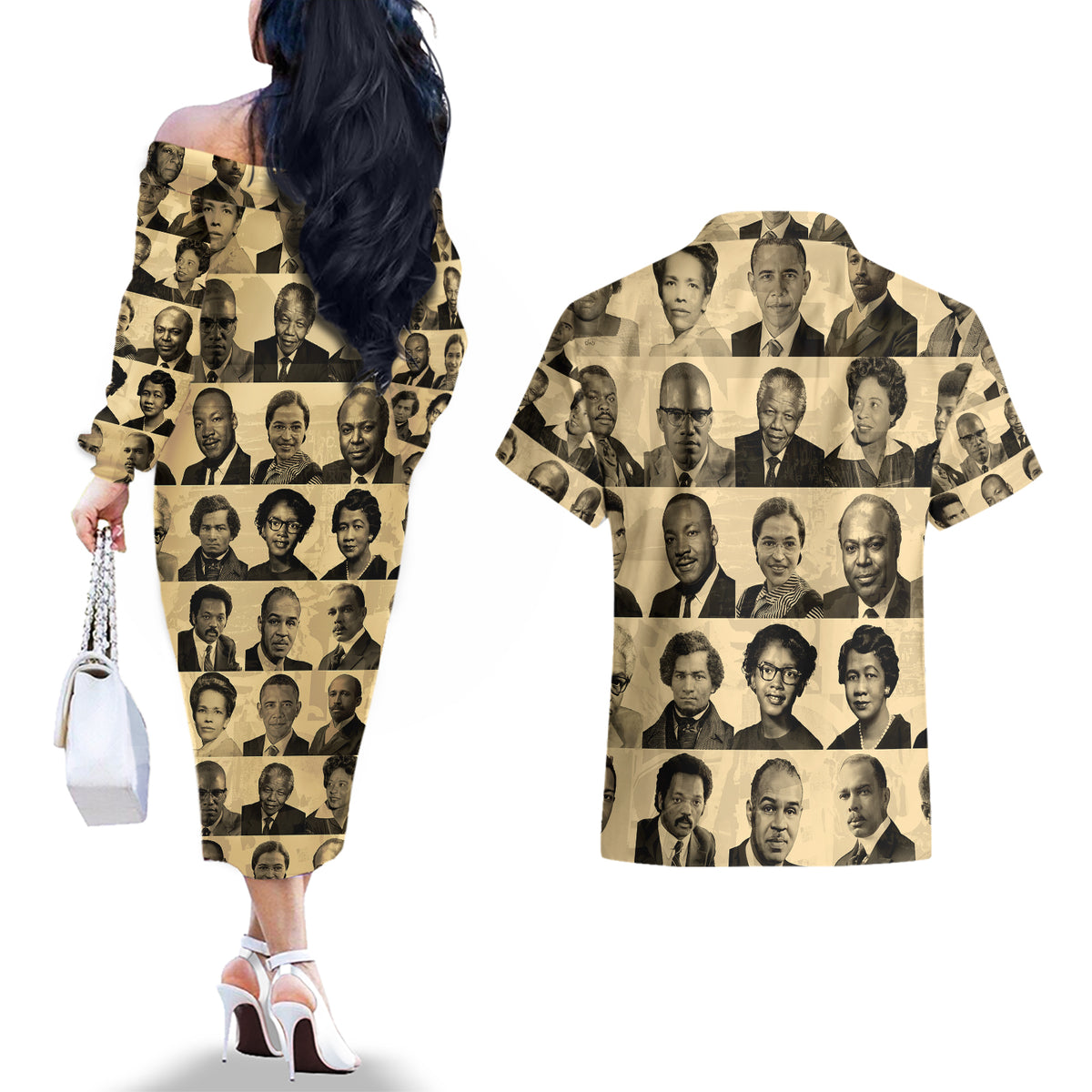 Civil Rights Leaders Couples Matching Off The Shoulder Long Sleeve Dress and Hawaiian Shirt African-American - Wonder Print Shop