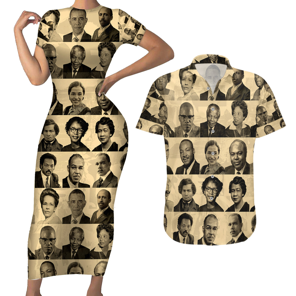 Civil Rights Leaders Couples Matching Short Sleeve Bodycon Dress and Hawaiian Shirt African-American - Wonder Print Shop