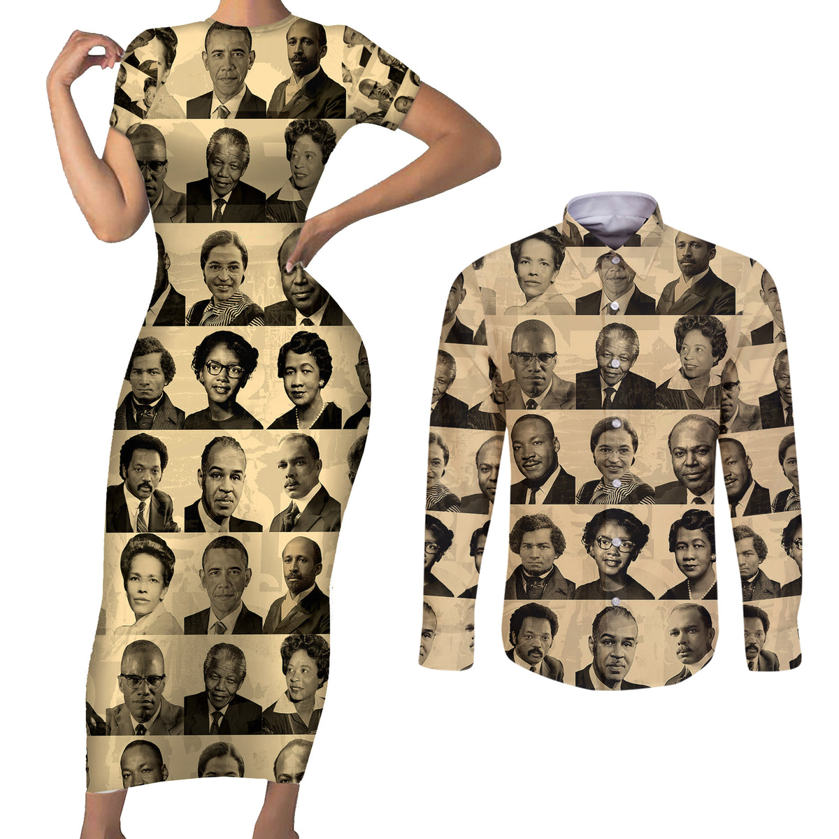 Civil Rights Leaders Couples Matching Short Sleeve Bodycon Dress and Long Sleeve Button Shirts African-American - Wonder Print Shop