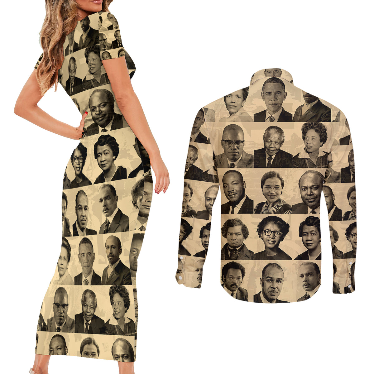 Civil Rights Leaders Couples Matching Short Sleeve Bodycon Dress and Long Sleeve Button Shirts African-American - Wonder Print Shop