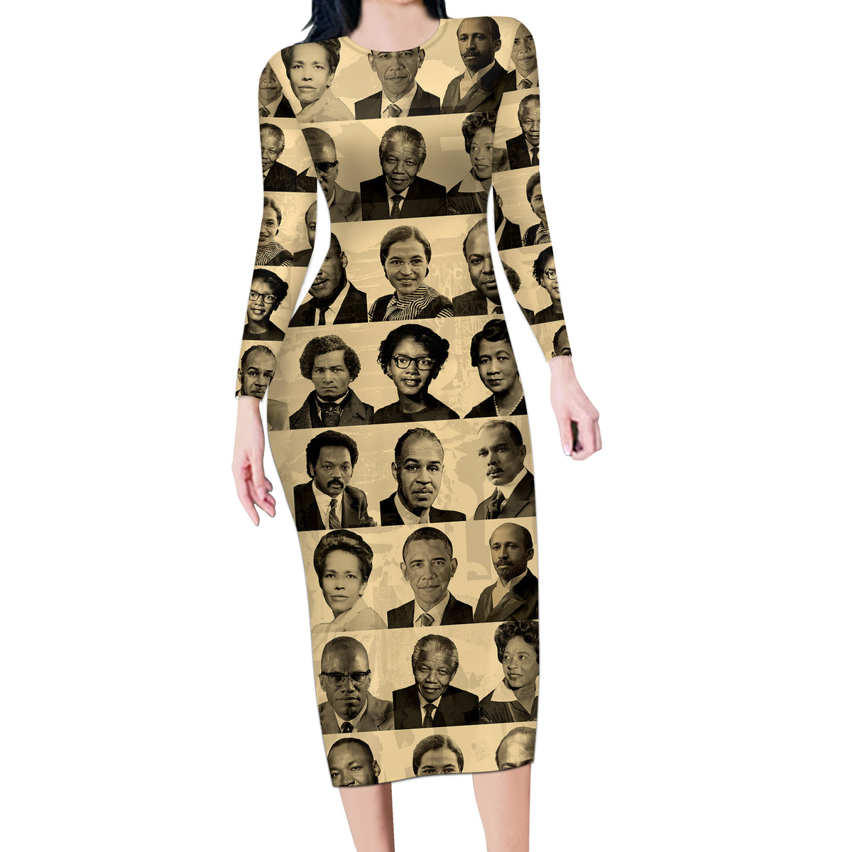 Civil Rights Leaders Long Sleeve Bodycon Dress African-American - Wonder Print Shop