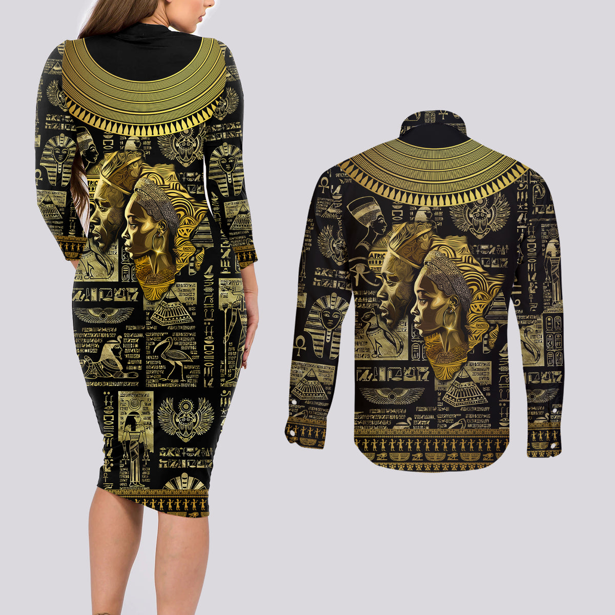 Egypt Pharaoh Couples Matching Long Sleeve Bodycon Dress and Long Sleeve Button Shirts Egyptian Hieroglyphs and Symbols - Wonder Print Shop