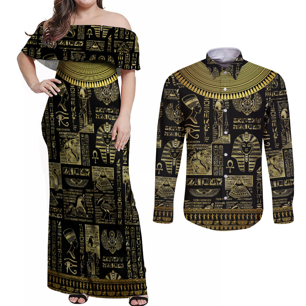 Egypt Pharaoh Couples Matching Off Shoulder Maxi Dress and Long Sleeve Button Shirts Egyptian Hieroglyphs and Symbols - Wonder Print Shop