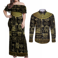 Egypt Pharaoh Couples Matching Off Shoulder Maxi Dress and Long Sleeve Button Shirts Egyptian Hieroglyphs and Symbols - Wonder Print Shop