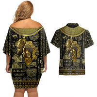 Egypt Pharaoh Couples Matching Off Shoulder Short Dress and Hawaiian Shirt Egyptian Hieroglyphs and Symbols - Wonder Print Shop
