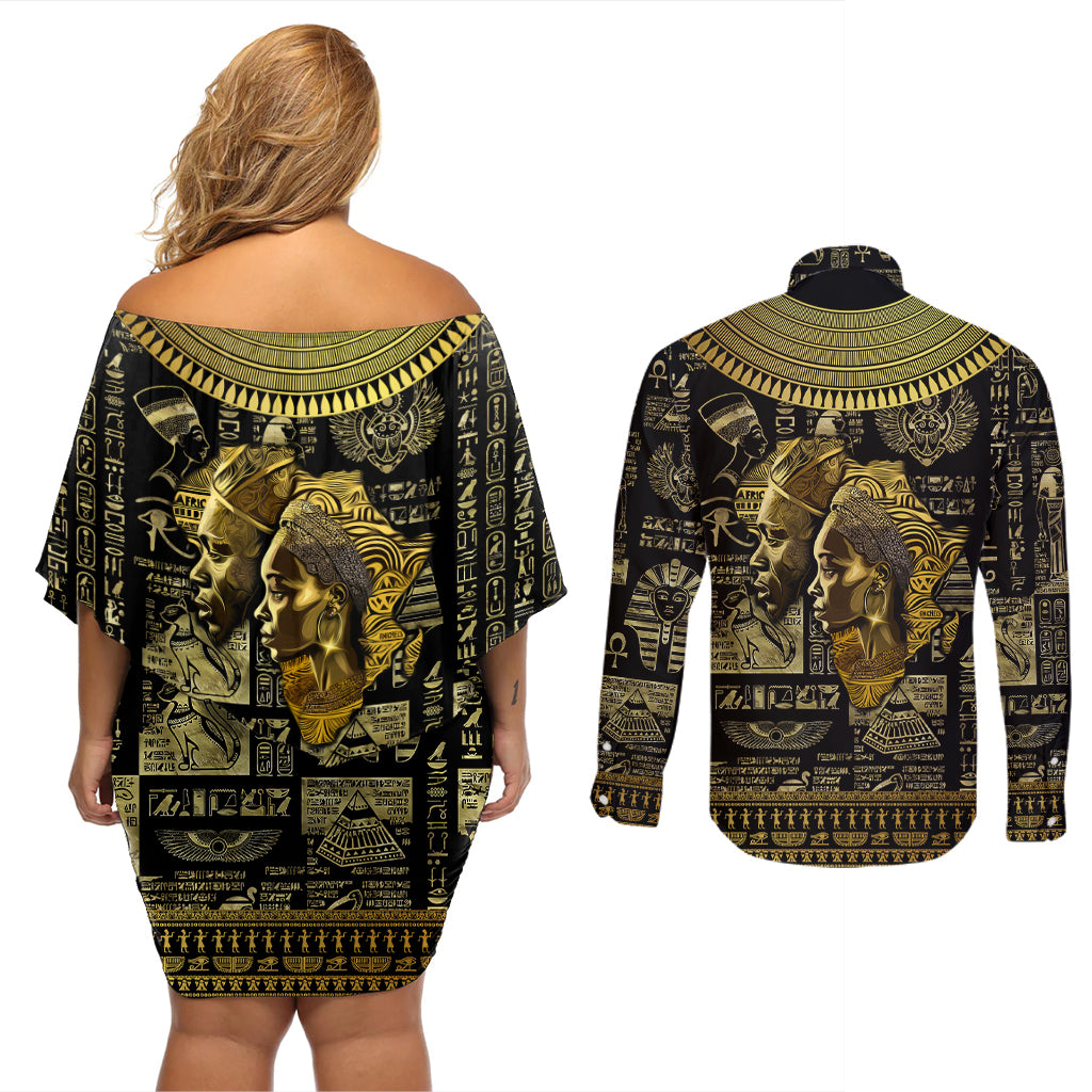 Egypt Pharaoh Couples Matching Off Shoulder Short Dress and Long Sleeve Button Shirts Egyptian Hieroglyphs and Symbols - Wonder Print Shop