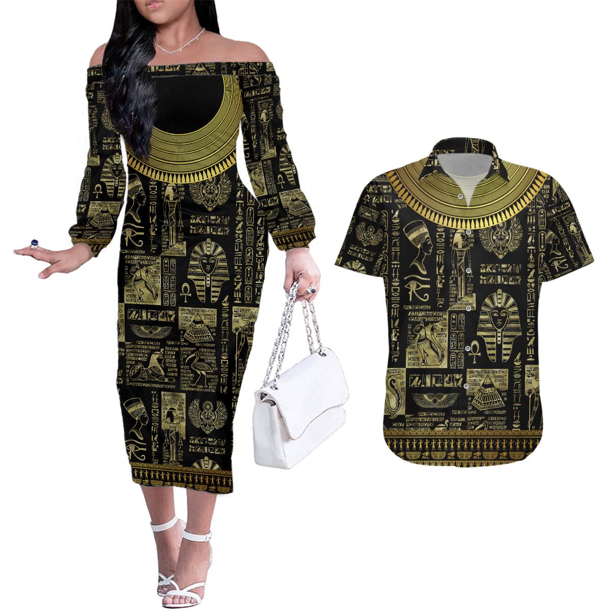Egypt Pharaoh Couples Matching Off The Shoulder Long Sleeve Dress and Hawaiian Shirt Egyptian Hieroglyphs and Symbols - Wonder Print Shop