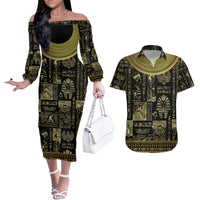 Egypt Pharaoh Couples Matching Off The Shoulder Long Sleeve Dress and Hawaiian Shirt Egyptian Hieroglyphs and Symbols - Wonder Print Shop