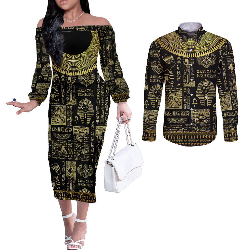 egypt-pharaoh-couples-matching-off-the-shoulder-long-sleeve-dress-and-long-sleeve-button-shirts-egyptian-hieroglyphs-and-symbols