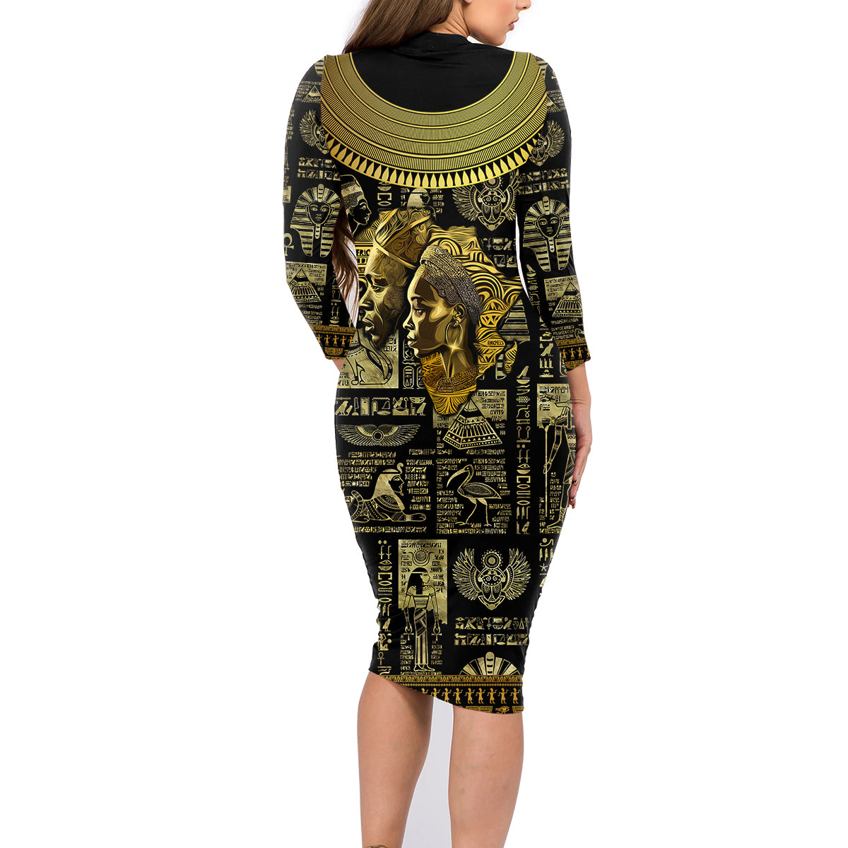 Egypt Pharaoh Family Matching Long Sleeve Bodycon Dress and Hawaiian Shirt Egyptian Hieroglyphs and Symbols - Wonder Print Shop