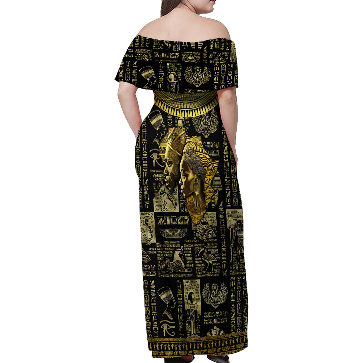 Egypt Pharaoh Family Matching Off Shoulder Maxi Dress and Hawaiian Shirt Egyptian Hieroglyphs and Symbols - Wonder Print Shop