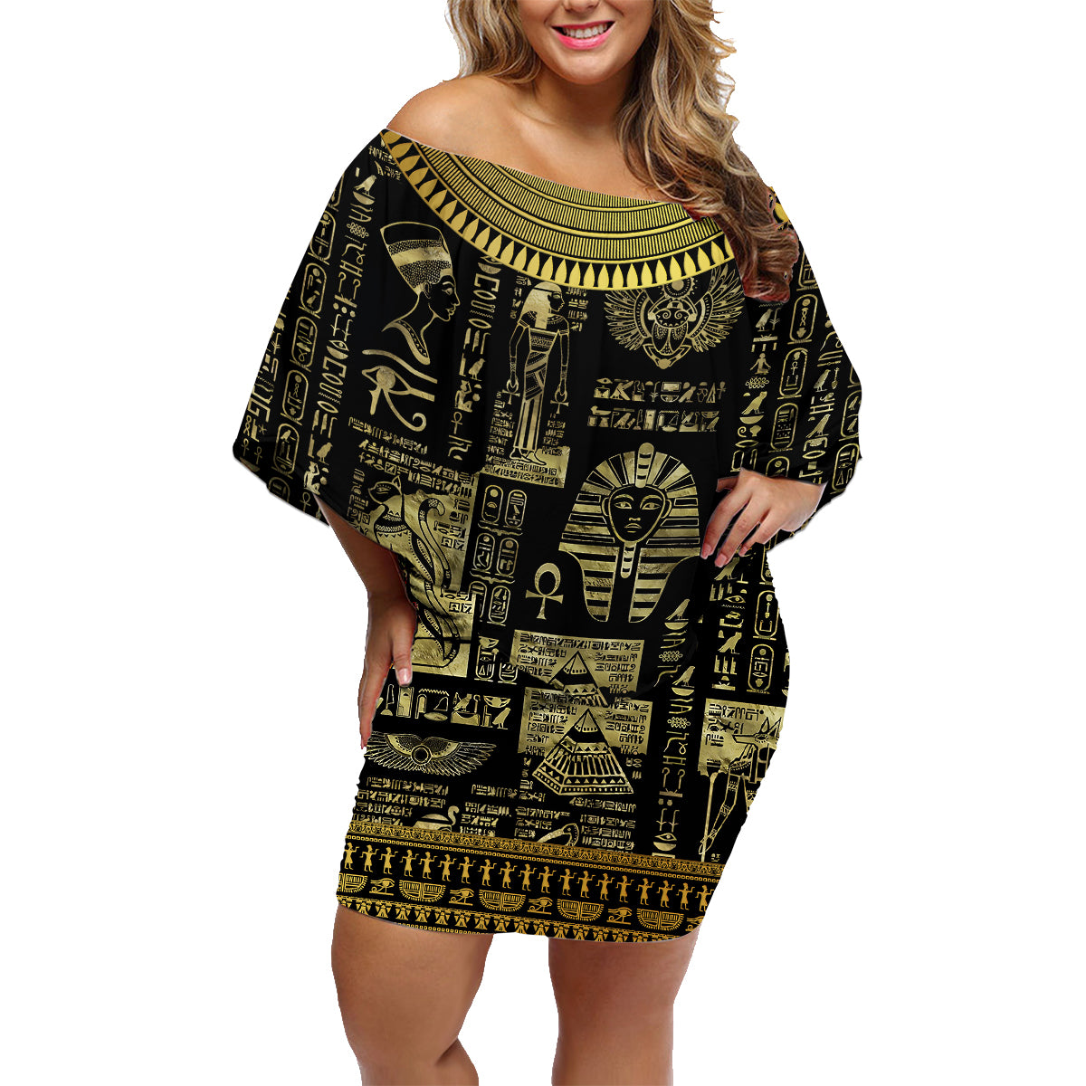 Egypt Pharaoh Family Matching Off Shoulder Short Dress and Hawaiian Shirt Egyptian Hieroglyphs and Symbols - Wonder Print Shop