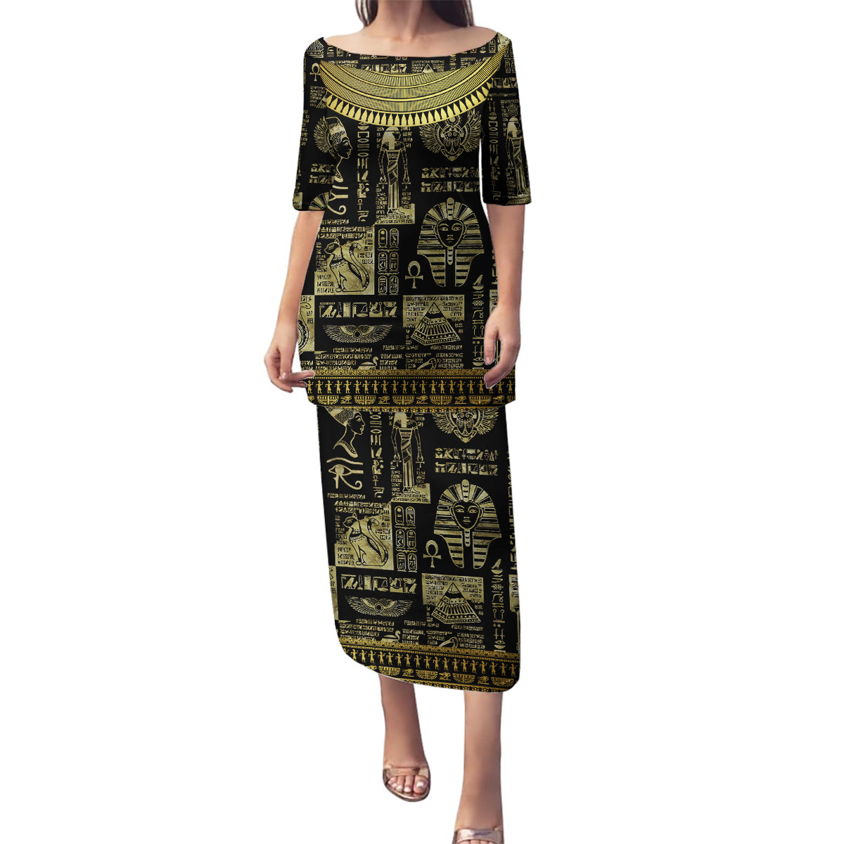 Egypt Pharaoh Family Matching Puletasi Dress and Hawaiian Shirt Egyptian Hieroglyphs and Symbols - Wonder Print Shop