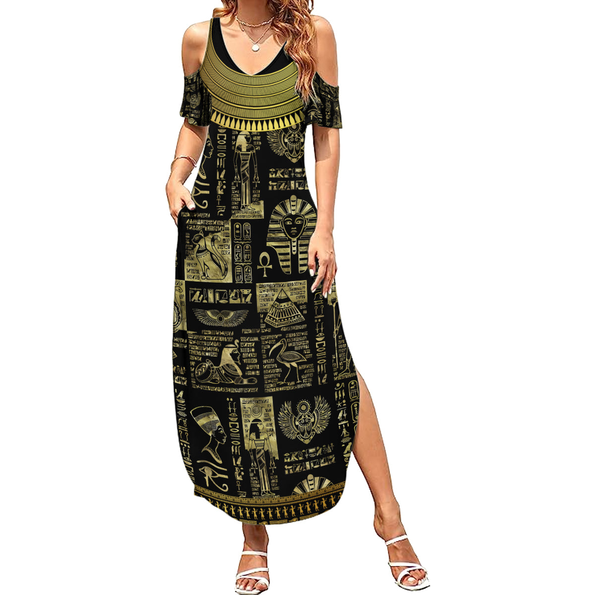 Egypt Pharaoh Family Matching Summer Maxi Dress and Hawaiian Shirt Egyptian Hieroglyphs and Symbols - Wonder Print Shop
