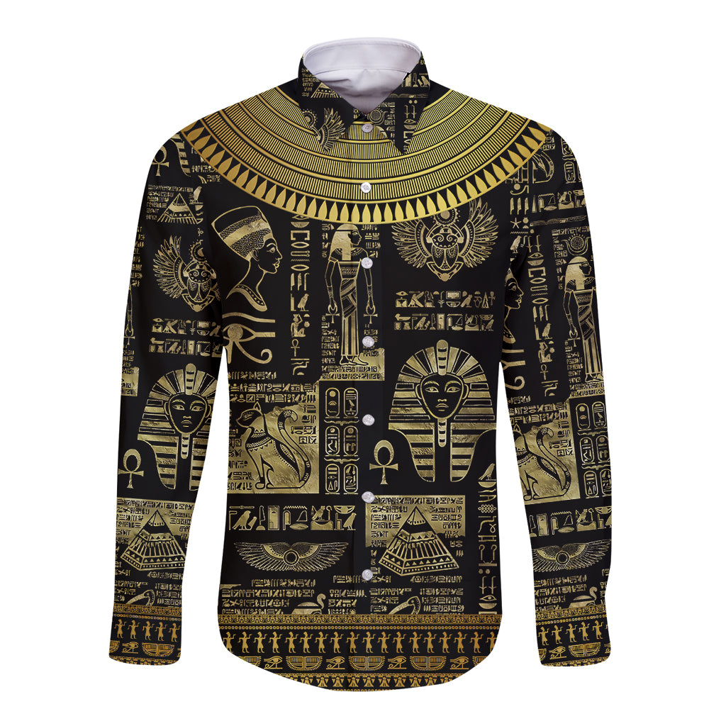 Egypt Pharaoh Long Sleeve Button Shirt Egyptian Hieroglyphs and Symbols - Wonder Print Shop