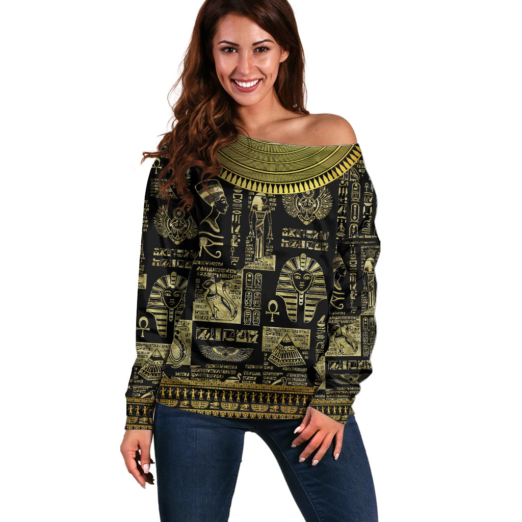 Egypt Pharaoh Off Shoulder Sweater Egyptian Hieroglyphs and Symbols - Wonder Print Shop