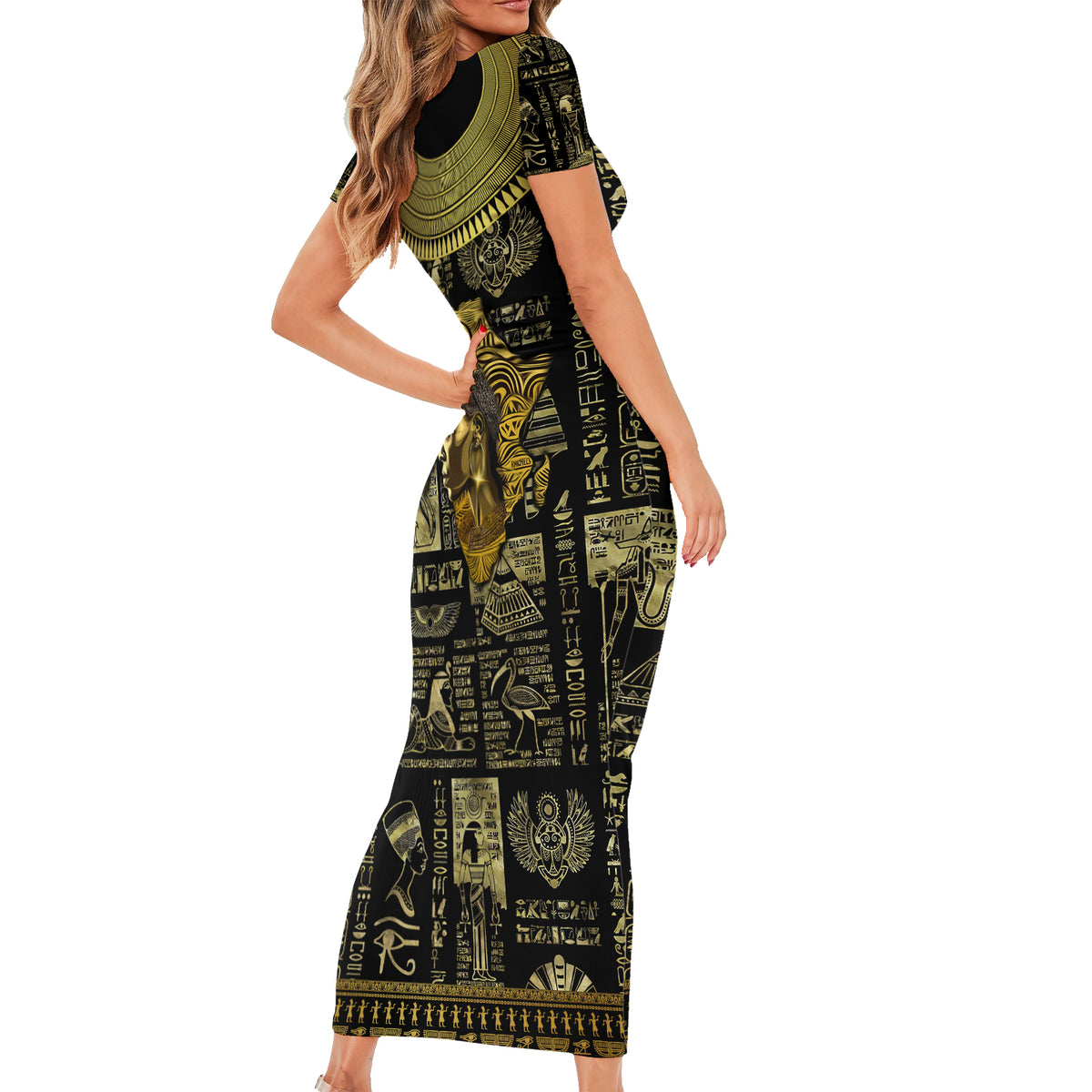 Egypt Pharaoh Short Sleeve Bodycon Dress Egyptian Hieroglyphs and Symbols - Wonder Print Shop