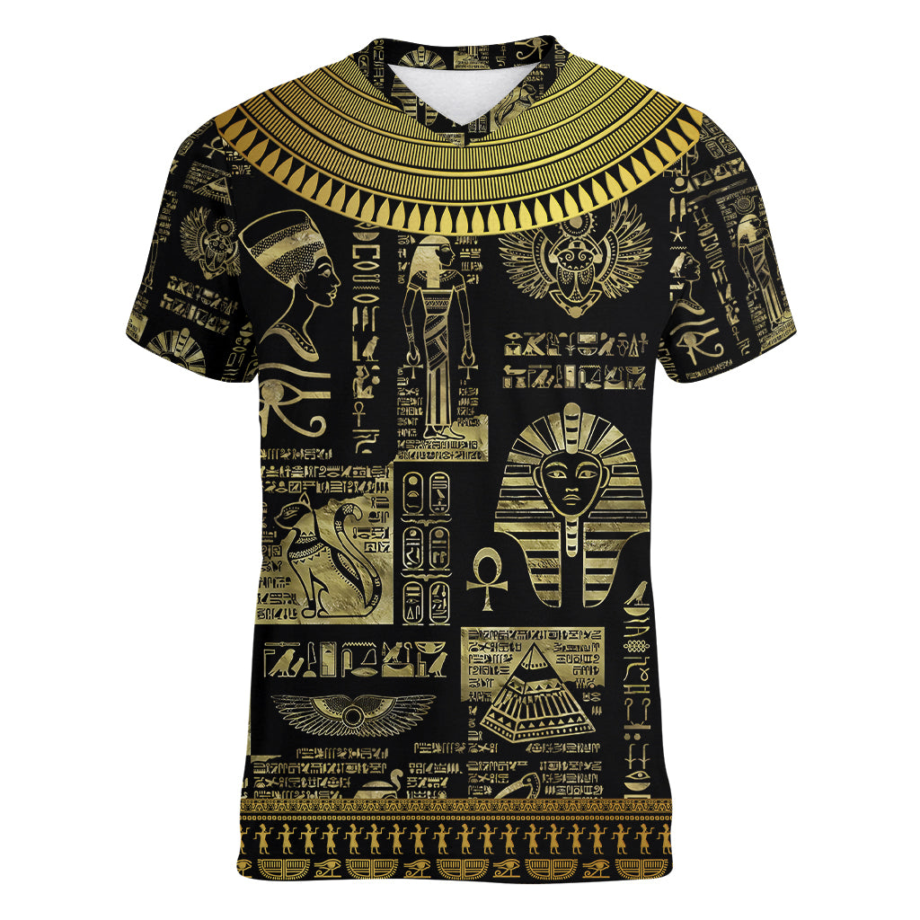 Egypt Pharaoh Women V Neck T Shirt Egyptian Hieroglyphs and Symbols - Wonder Print Shop