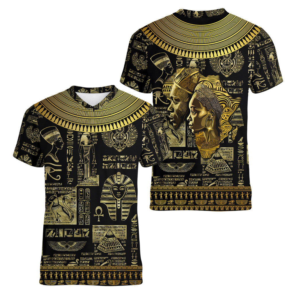 Egypt Pharaoh Women V Neck T Shirt Egyptian Hieroglyphs and Symbols - Wonder Print Shop