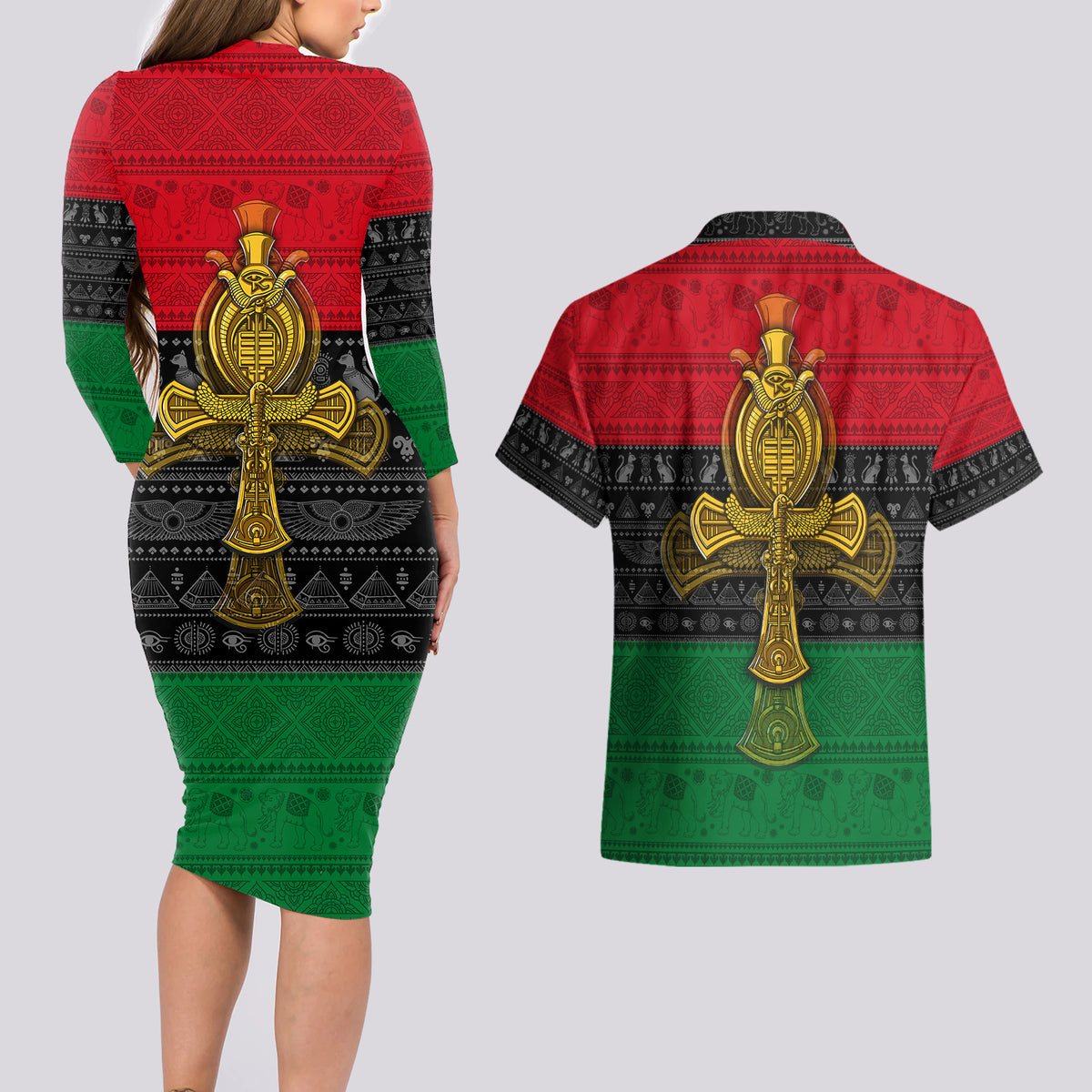 Pan African Ankh Couples Matching Long Sleeve Bodycon Dress and Hawaiian Shirt - Wonder Print Shop