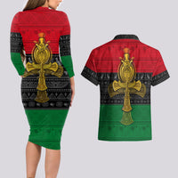 Pan African Ankh Couples Matching Long Sleeve Bodycon Dress and Hawaiian Shirt - Wonder Print Shop