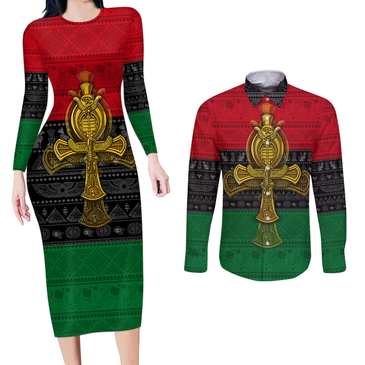 Pan African Ankh Couples Matching Long Sleeve Bodycon Dress and Long Sleeve Button Shirts - Wonder Print Shop