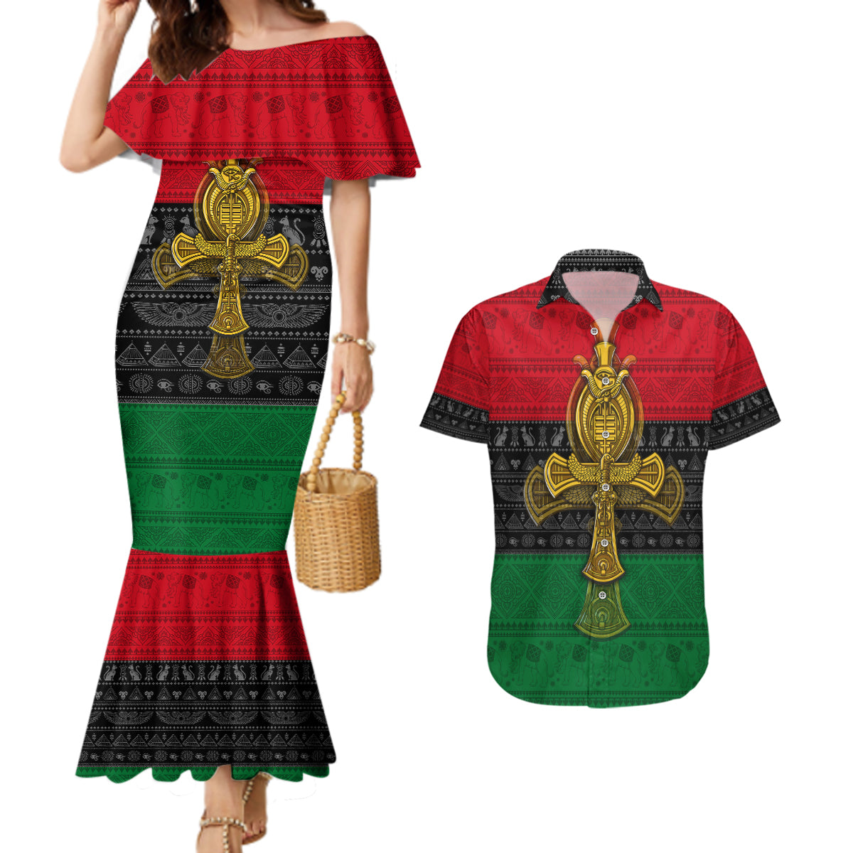 Pan African Ankh Couples Matching Mermaid Dress and Hawaiian Shirt - Wonder Print Shop