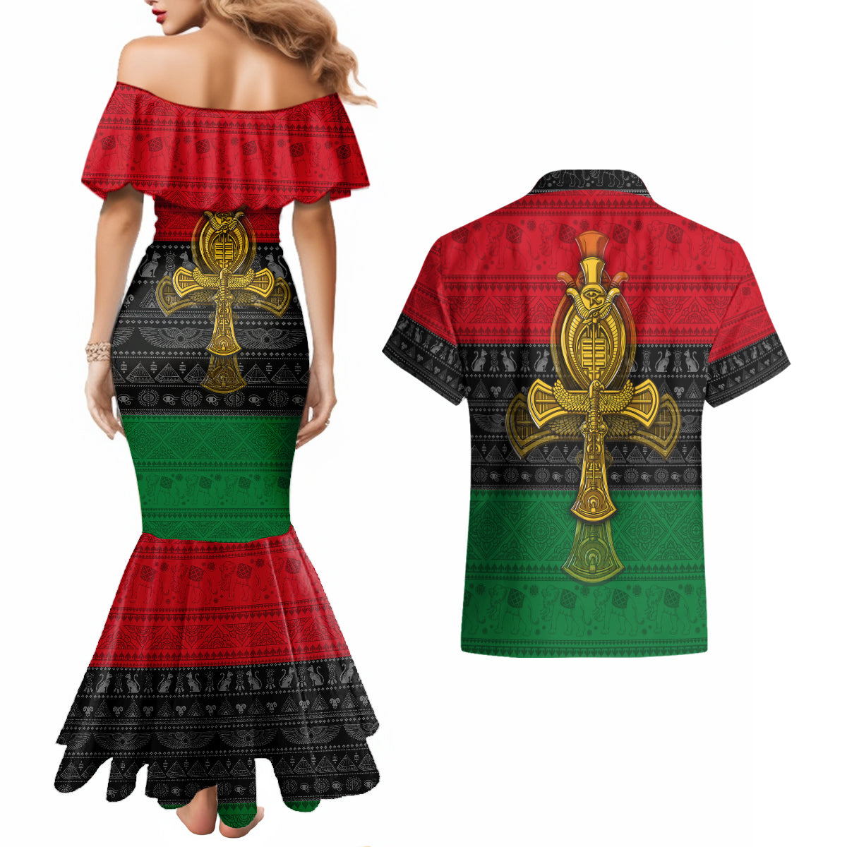 Pan African Ankh Couples Matching Mermaid Dress and Hawaiian Shirt - Wonder Print Shop