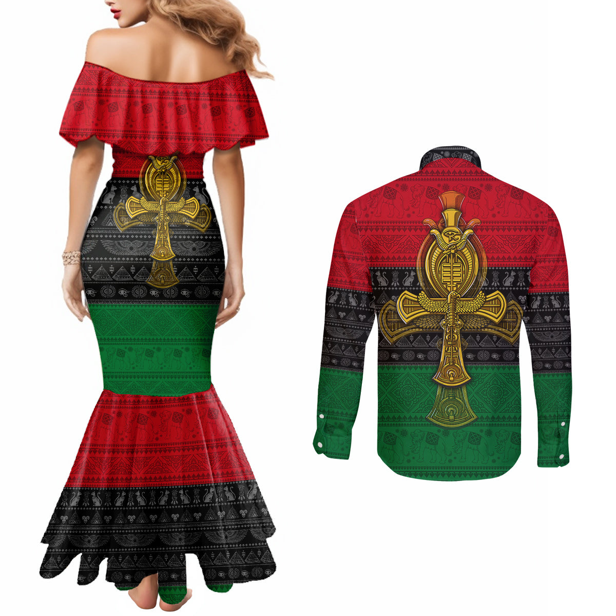 pan-african-ankh-couples-matching-mermaid-dress-and-long-sleeve-button-shirts