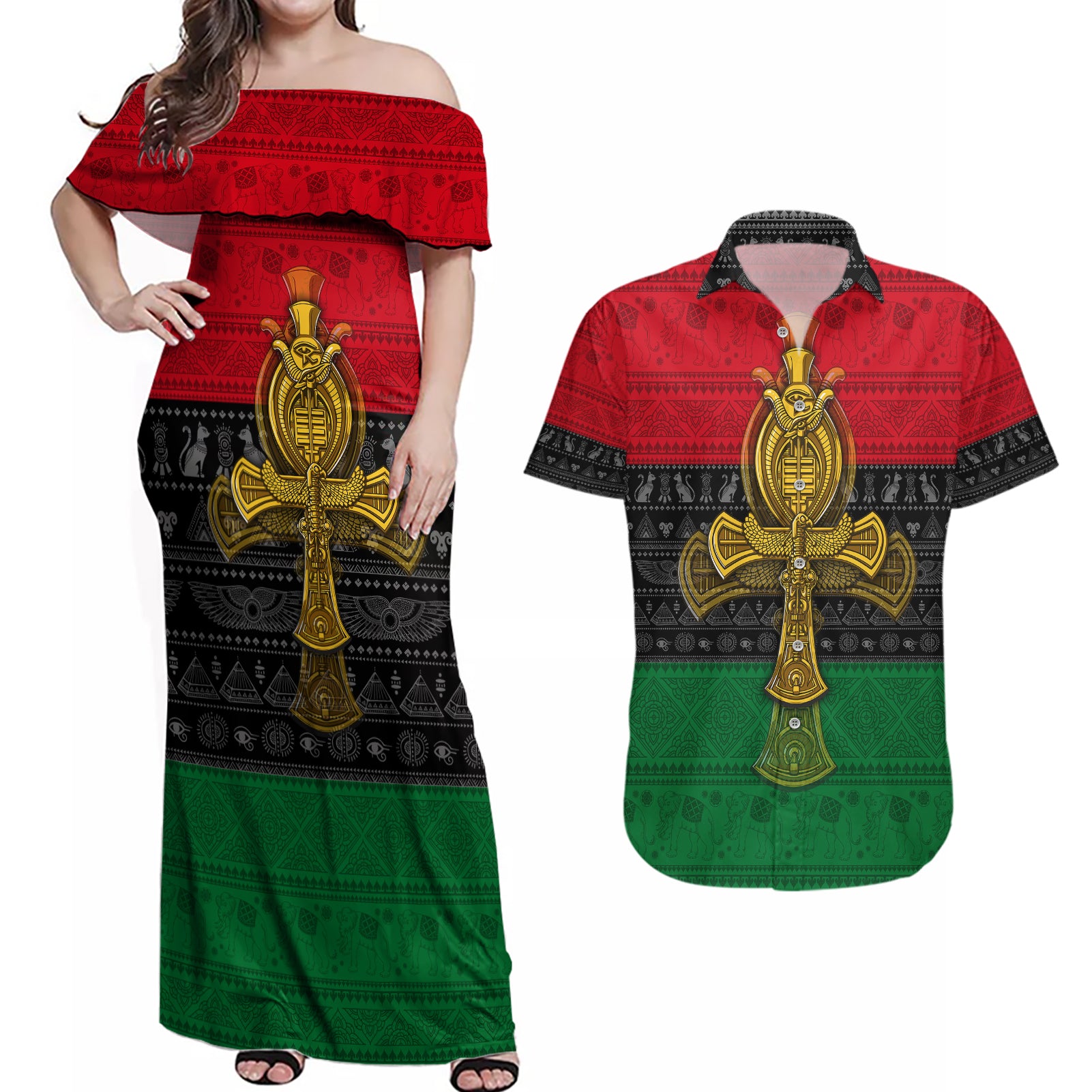 Pan African Ankh Couples Matching Off Shoulder Maxi Dress and Hawaiian Shirt - Wonder Print Shop
