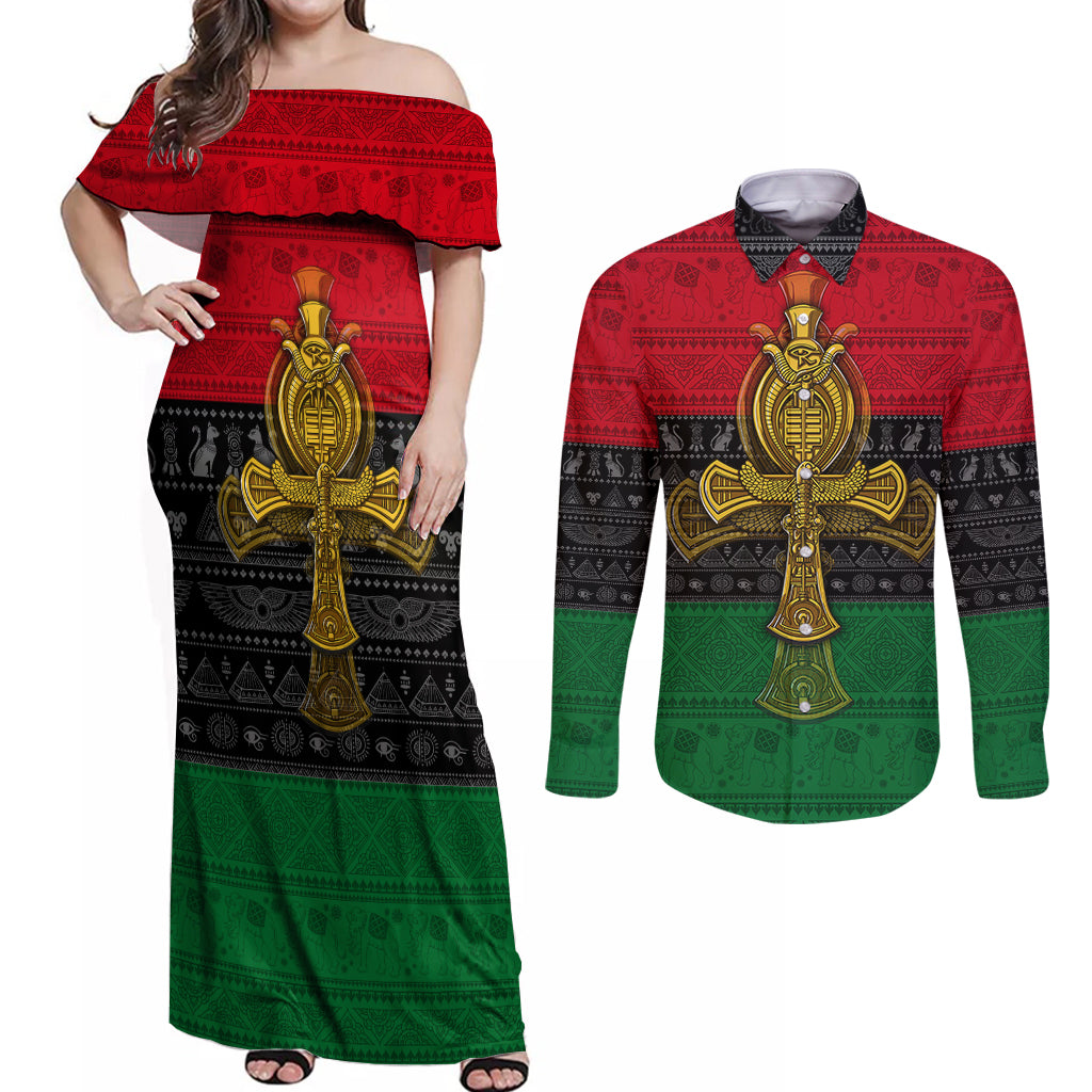 Pan African Ankh Couples Matching Off Shoulder Maxi Dress and Long Sleeve Button Shirts - Wonder Print Shop