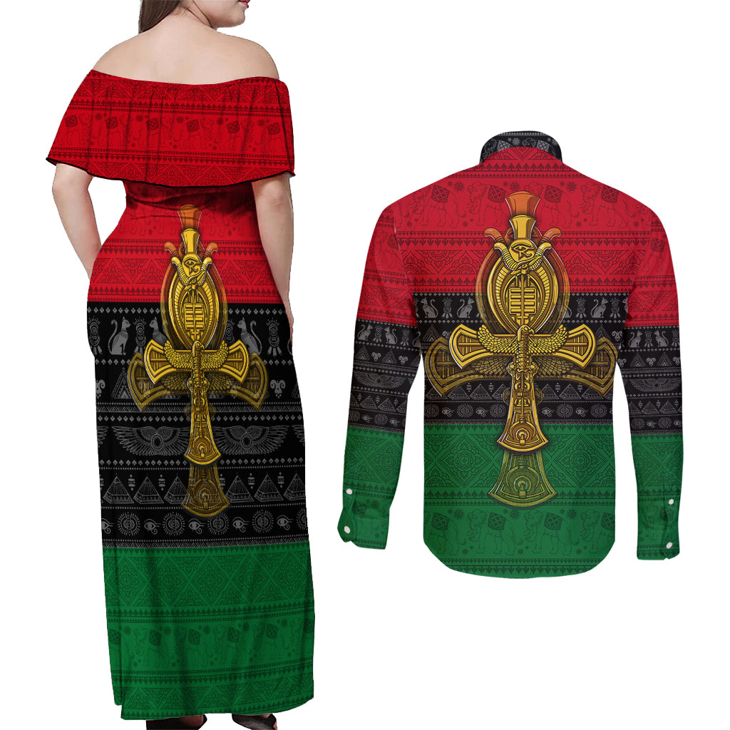 Pan African Ankh Couples Matching Off Shoulder Maxi Dress and Long Sleeve Button Shirts - Wonder Print Shop