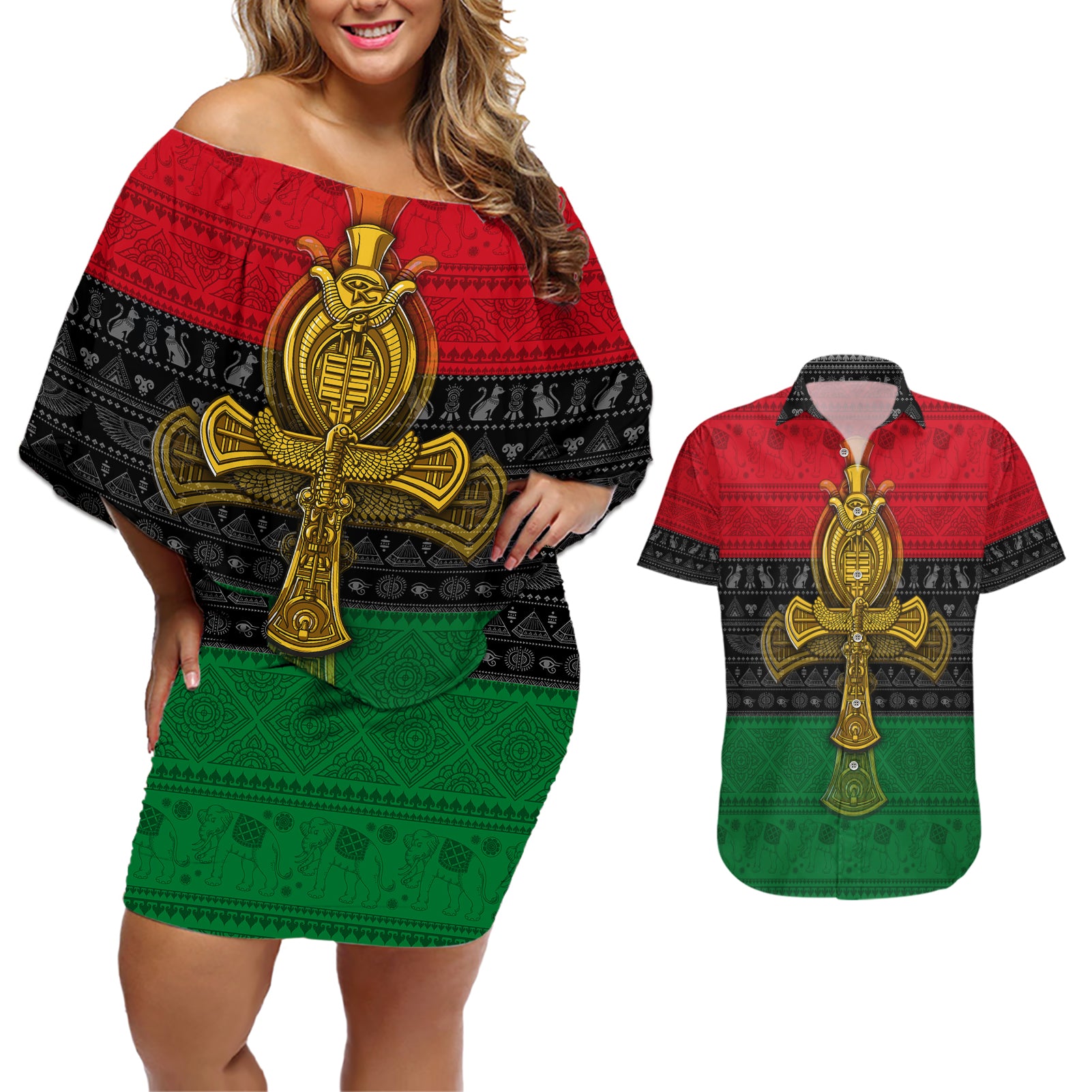 Pan African Ankh Couples Matching Off Shoulder Short Dress and Hawaiian Shirt - Wonder Print Shop