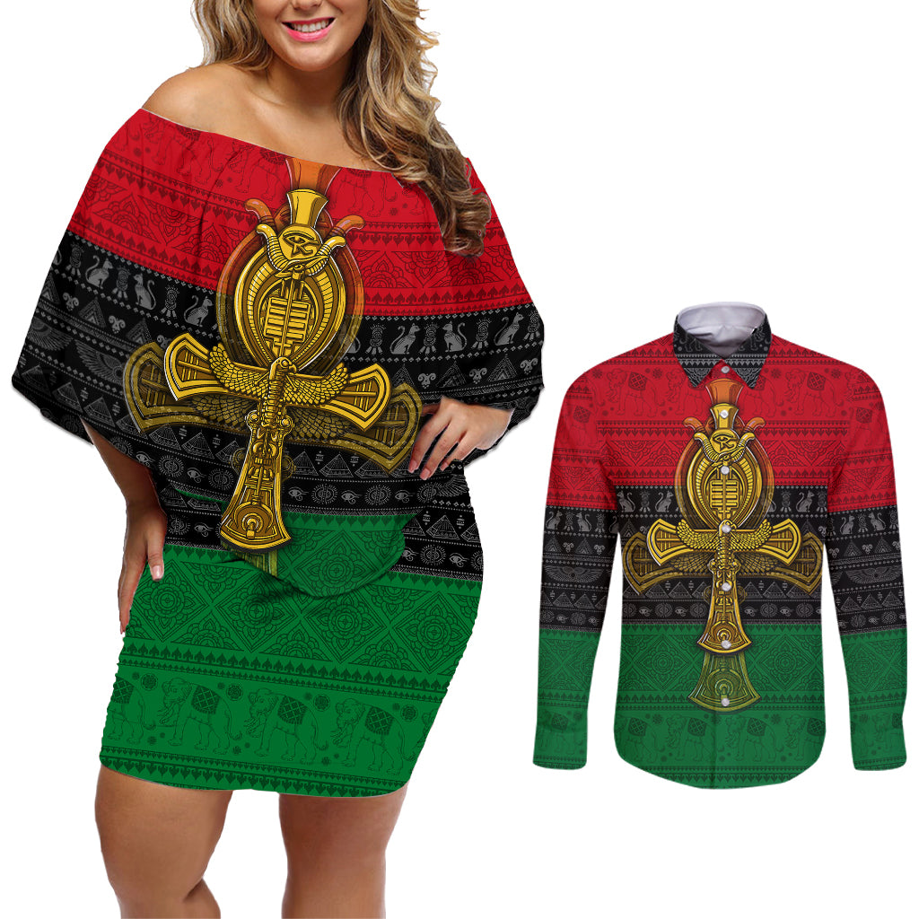Pan African Ankh Couples Matching Off Shoulder Short Dress and Long Sleeve Button Shirts - Wonder Print Shop