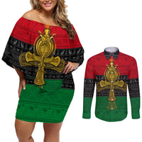 Pan African Ankh Couples Matching Off Shoulder Short Dress and Long Sleeve Button Shirts - Wonder Print Shop