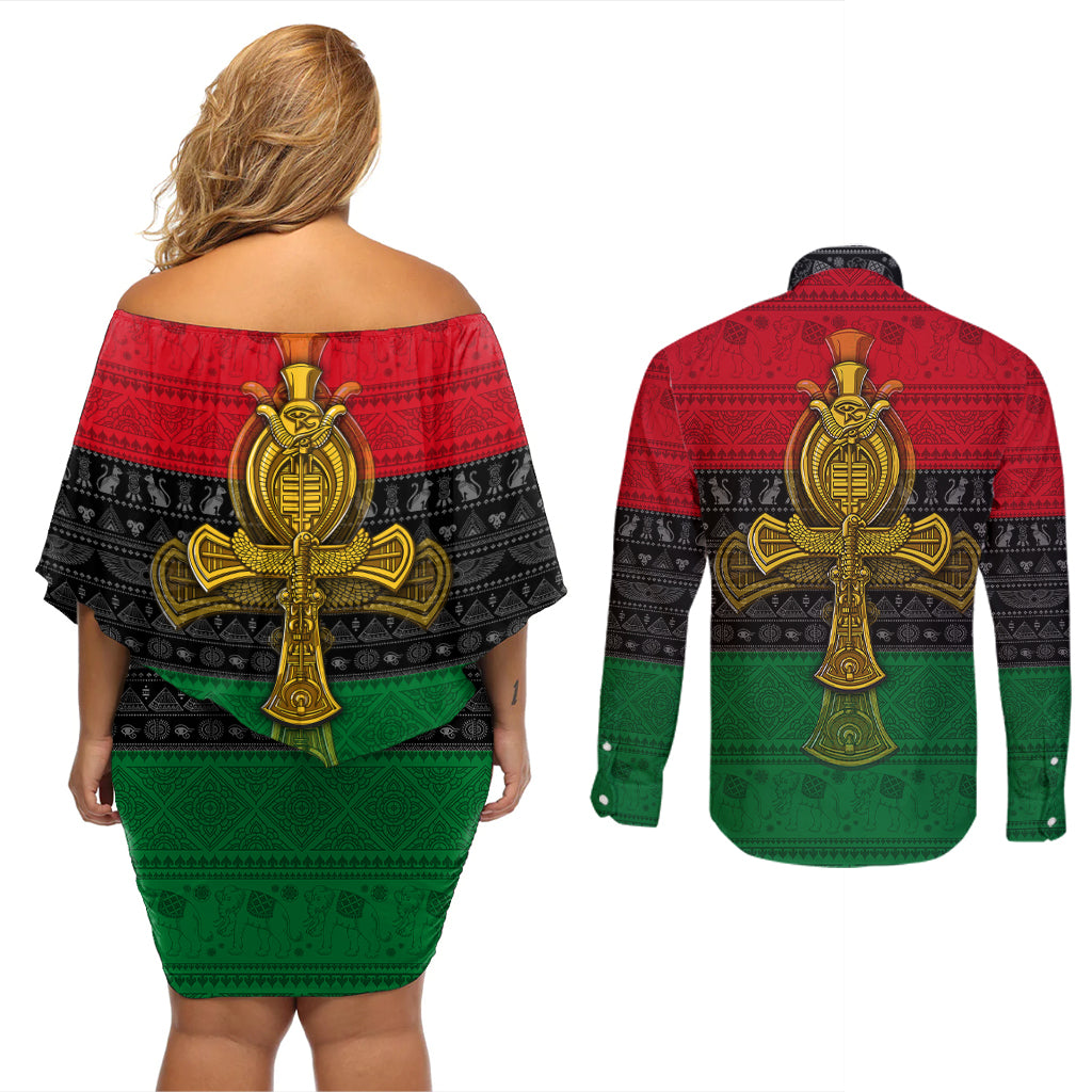 Pan African Ankh Couples Matching Off Shoulder Short Dress and Long Sleeve Button Shirts - Wonder Print Shop