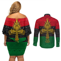Pan African Ankh Couples Matching Off Shoulder Short Dress and Long Sleeve Button Shirts - Wonder Print Shop